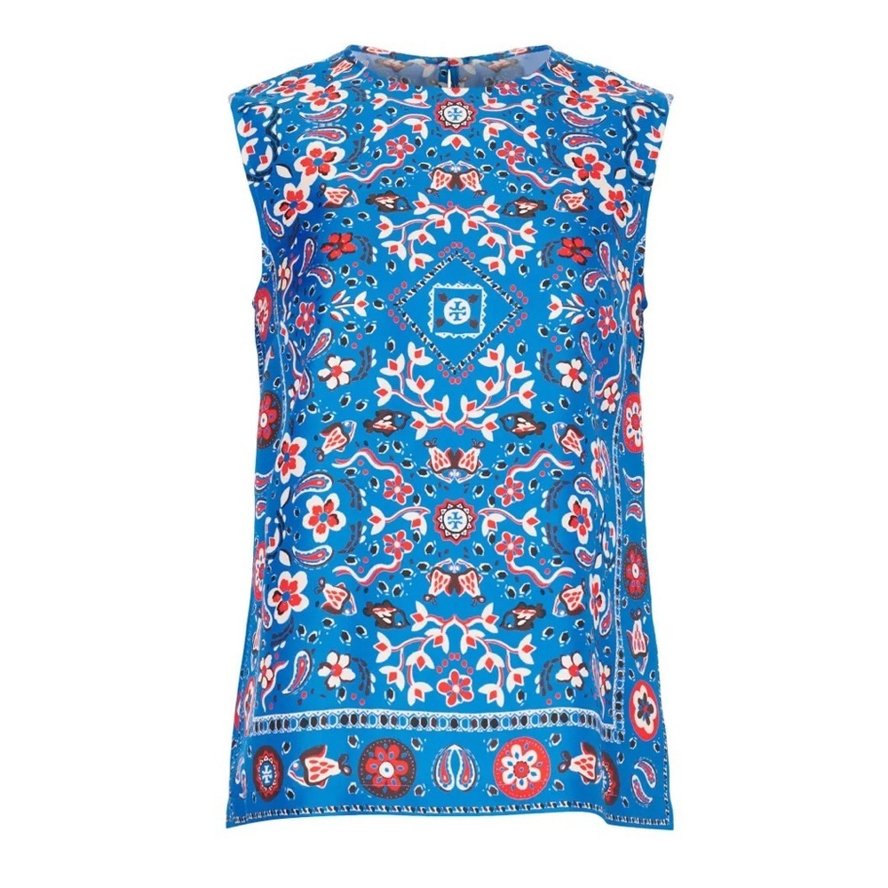 Tory Burch Printed Silk Shell Sleeveless Blouse Top Blue Logo Bandana Scarf
